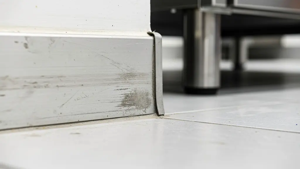 Zone d'inspection le long d'une plinthe de cuisine commerciale avec équipement inox