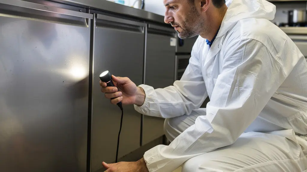 Technicien certifié anti-nuisibles inspectant une cuisine professionnelle avec lampe torche