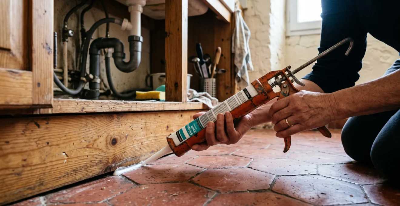 Une personne applique du mastic sous un évier de cuisine pour boucher une fissure.