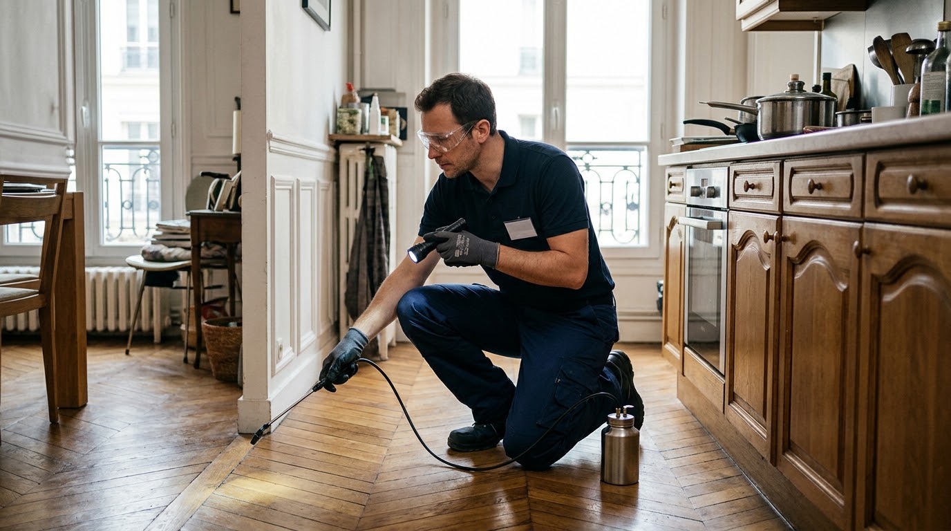 Un professionnel équipé d'une tenue de protection traite une fenêtre dans un salon.