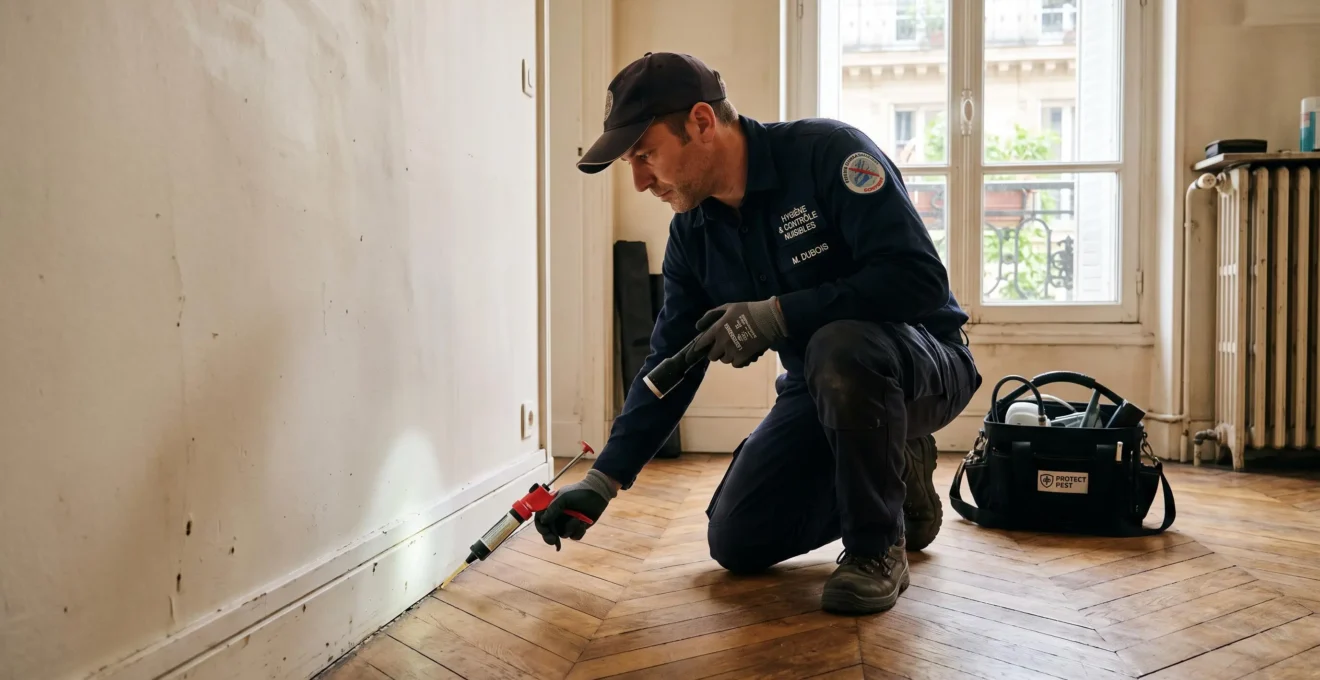 Un technicien inspecte et traite la plinthe d'un appartement lumineux.